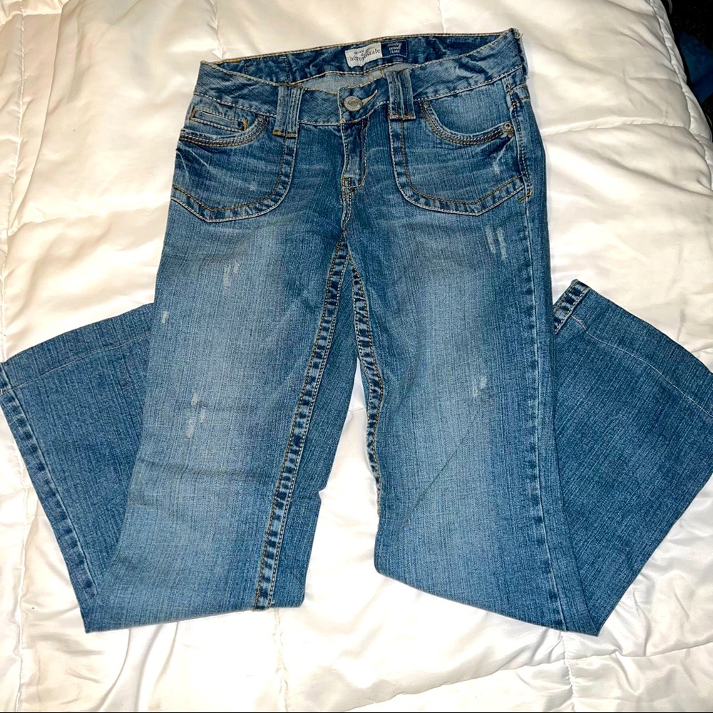 Aeropostale Hailey Skinny Flare Jeans Women's 3/4 Long Blue Low Rise Medium Wash